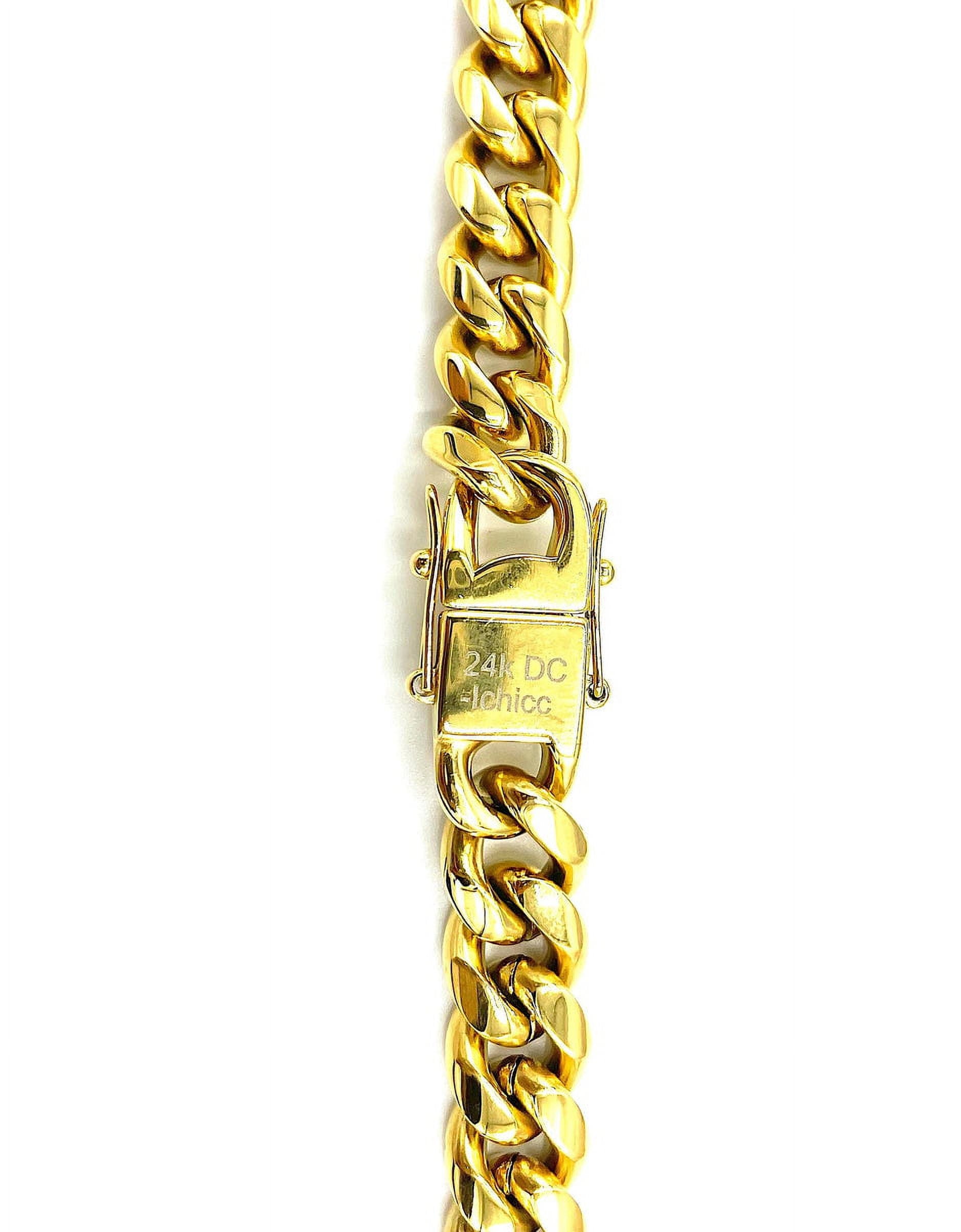 24K Miami Cuban Link Chain 10MM, for Men Real Solid Heavy Premium Gold Overlay Made in USA - 24"